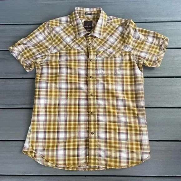 Prana Men’s Medium Yellow Plaid Short Sleeve Button Front Shirt - Picture 1 of 5